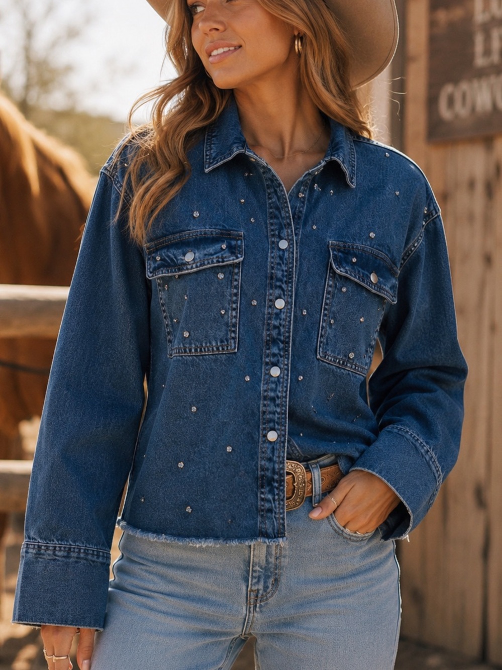 Rhinestone Denim Jacket Western Cowgirl Bling Festival L